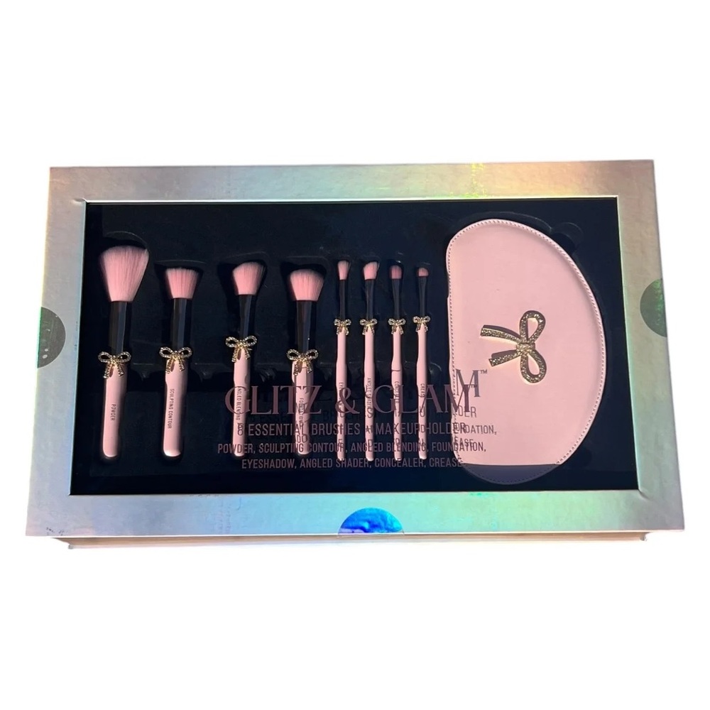 Glitz & Glam Pink Bow Makeup Holder - 8 Piece Essential Brush Set